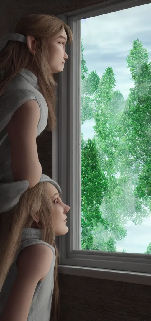 Prompt: an elf staring at the window looking at the trees outside, 8 k, ultra realistic