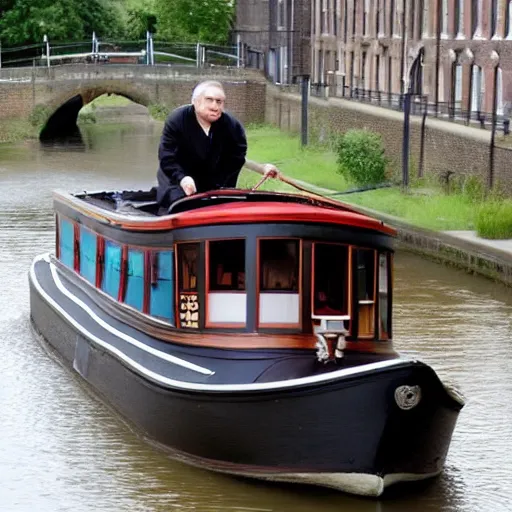 Prompt: high quality photo of johnny cash driving a narrow boat on a canal