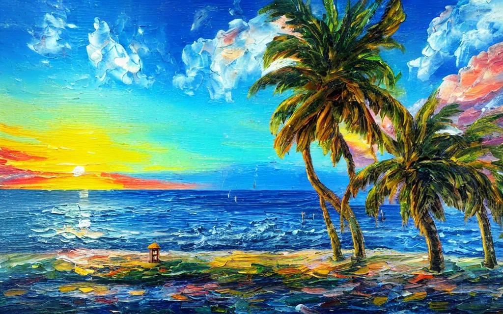 Image similar to a sea with a tiny island with a cute cozy cottage with a terrace, a paved garden courtyard with benches and a fountain, palm trees, river, sunset, puffy clouds, dramatic and dynamic lighting, thick brush strokes oil impasto painting