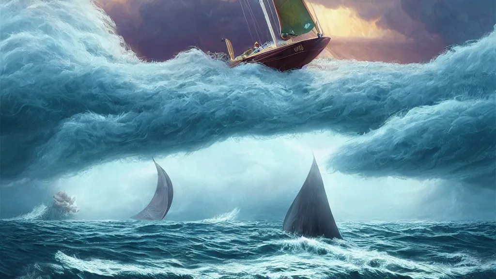 Image similar to a gigantic cat bursting out of a stormy sea attacking a small sail boat, wet fur, giant waves, sunbeams in background, intricate, detailed, volumetric lighting, sharp focus, scenery, photorealism, digital painting, highly detailed, concept art, by roger dean and simon stalenhag and mark brooks