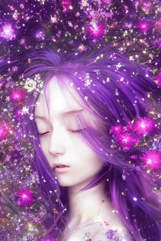 Prompt: 4k detailed portrait of a beautiful intimate woman with long purple cosmic hair and a beautiful celestial dress made of flowers, by Miho Hirano and viktoria gavrilenko. Anime, volumetric lighting