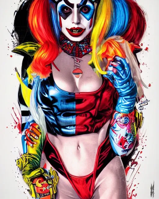 Image similar to lady gaga as harley quinn, grotesque, horror, high details, bright colors, striking, intricate details, by vincent di fate, artgerm julie bell beeple, 1 9 8 0 s, inking, vintage 8 0 s print, screen print