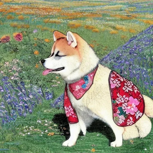 Image similar to a female akita inu wearing a kimono, in a field of flowers, painting in the style of warwick goble