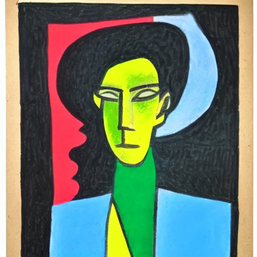 Prompt: an abstract oil pastel portrait of a androgynous person, disconnected shapes, unknown artist. HQ Scan