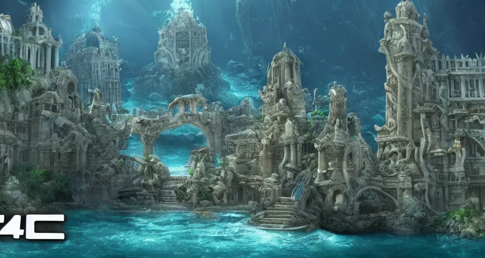 Prompt: the lost city of Atlantis, underwater, epic cinematic view, epic lighting, fully built buildings, white marble, hyper detailed, 4K