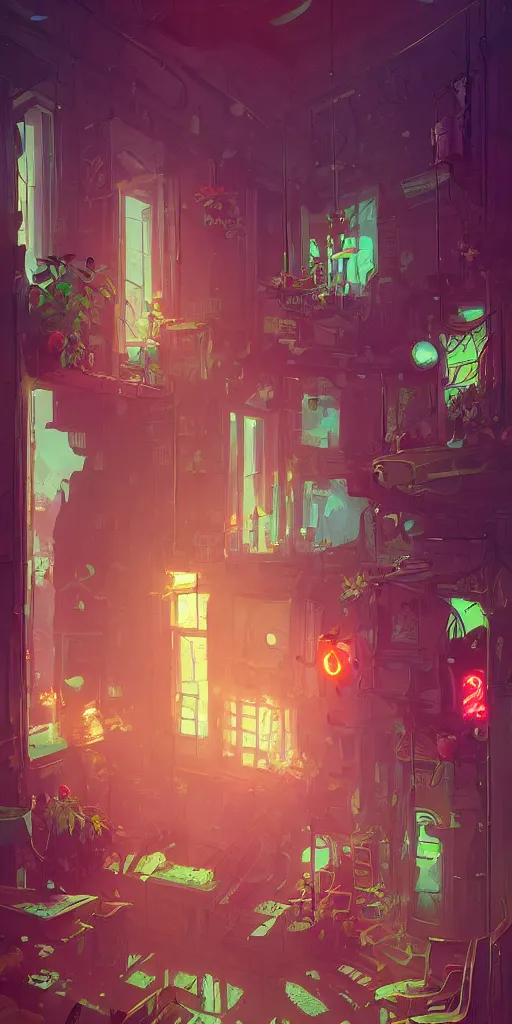 Prompt: a lush wooden, old Victorian windowsill with plants on it, looking out to a cityscape with neon signs, interior of room, detailed digital concept art by anton fadeev, John Howe, and marc simonetti, trending on artstation