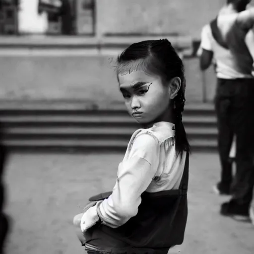 Image similar to A Filipino girl dressed as Morrissey, portrait, by Peter Lindbergh