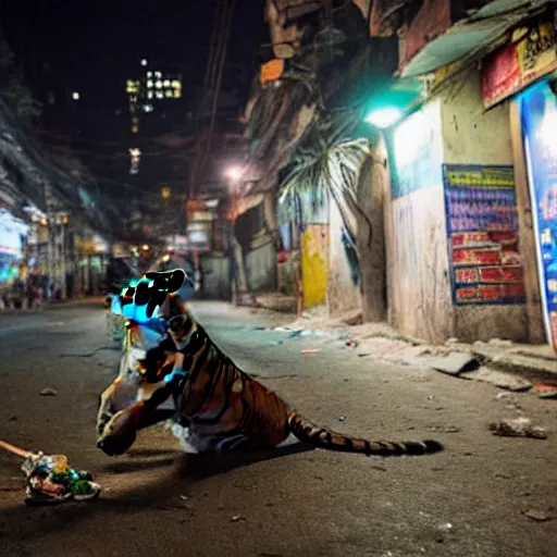 Image similar to photograph of a tiger smoking a joint in the streets of Dhaka at night