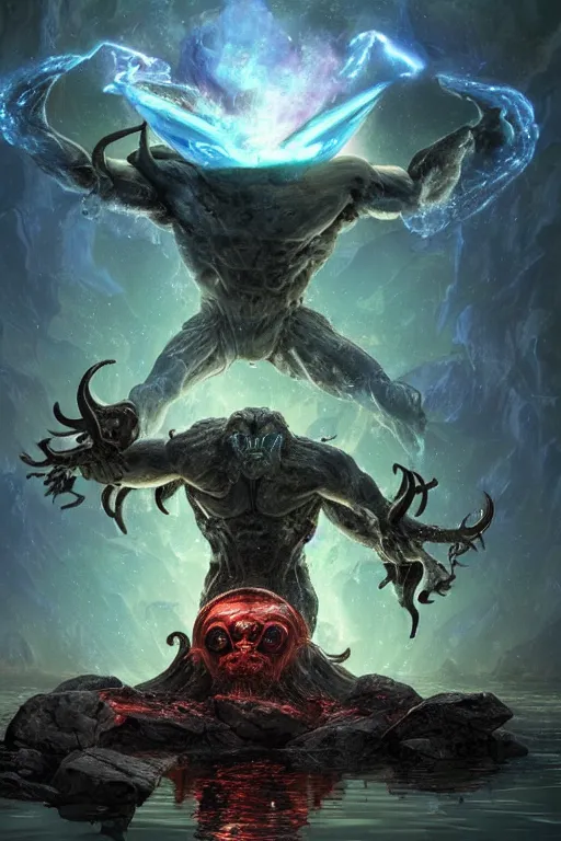 Image similar to a huge muscular demon with ram's horns and glowing eyes emerges from a pond on rocky alien world, water splashing cascading, alien flora and fauna, space background nebula nasa, by ruan jia, jack kirby, norman rockwell, wayne barlow, sergey krasovskiy, zdzislaw beksinski, artstation 3 d render character creature