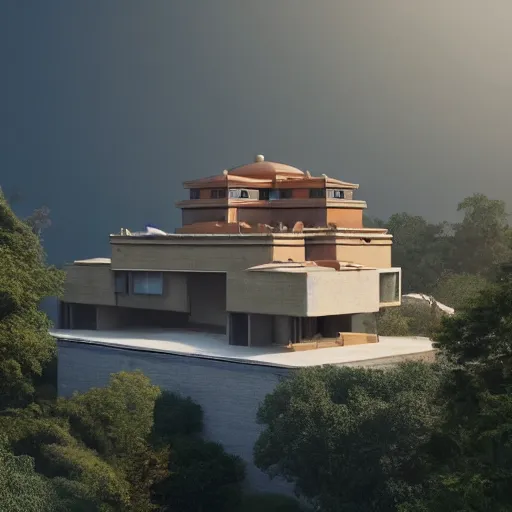 Image similar to modernist beige house inspired by tibetan palace, built like a stadium with garden in the middle, on a hill surrounded by big trees, dramatic lighting, artstation, realistic rendering, unreal engine, octane render, raphael lacoste, simon stalenhag, frank lloyd wright, drone view