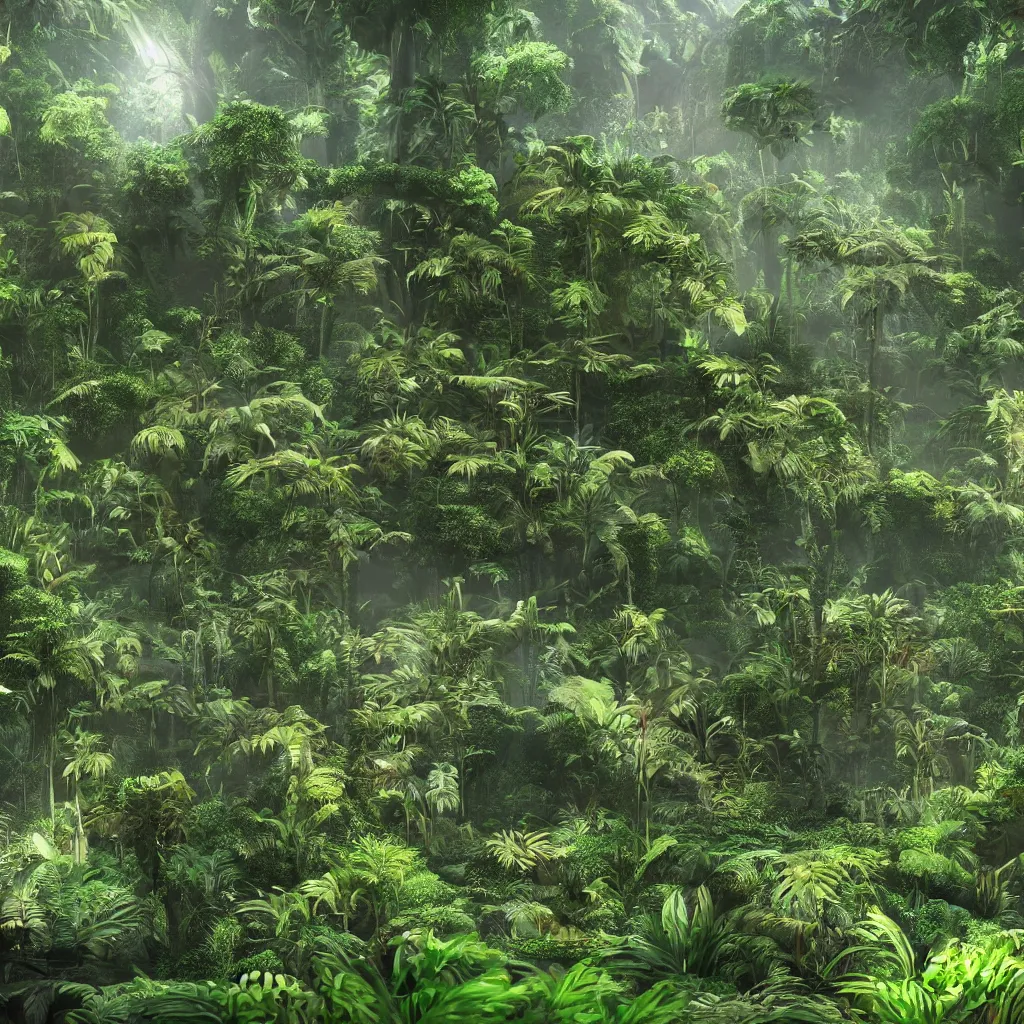 Image similar to Epic artwork of a luxurious jungle with a quantum computer in the middle of it, backlit photorealistic render, cycles render