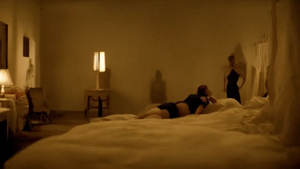 Image similar to movie still of having sleep paralysis, cinematic composition, cinematic light, criterion collection, by david lynch and emanuel lubezki