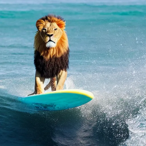 A lion on a surfboard riding a wave in the ocean, Stable Diffusion OpenArt