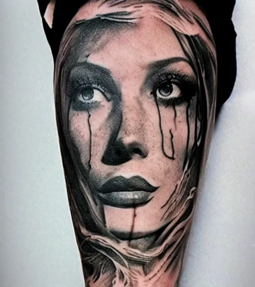 Image similar to realism tattoo sketch of a isabelledeltore face double exposure mountain scenery, in the style of matteo pasqualin, amazing detail, sharp, faded