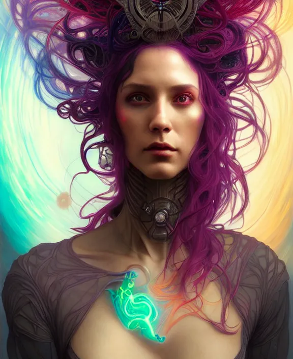 Image similar to a whirlwind of souls rushing inside the metaverse, half body, jewelry, hologram, dreads, android, cyborg, cyberpunk face, by loish, d & d, fantasy, intricate, elegant, highly detailed, colorful, vivid color, digital painting, artstation, concept art, art by artgerm and greg rutkowski and alphonse mucha