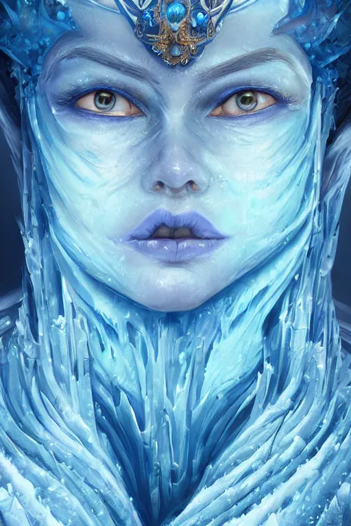 Image similar to Fantasy character portrait of distorted detailed painting of a queen woman made of ice, blue hues, ice blue, icy, hyper detailed, trending on Artstation