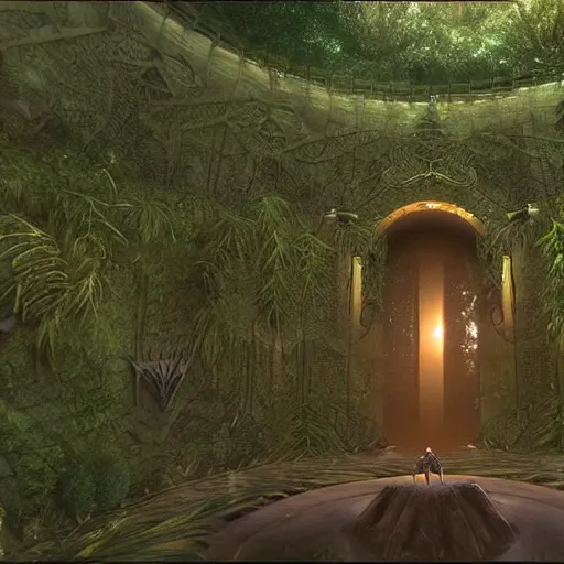 Image similar to stargate sg 1 in a densely overgrown jungle, fantasy, dreamlike sunrise volumetric lighting, ultra realistic, atmospheric, stopped in time, epic