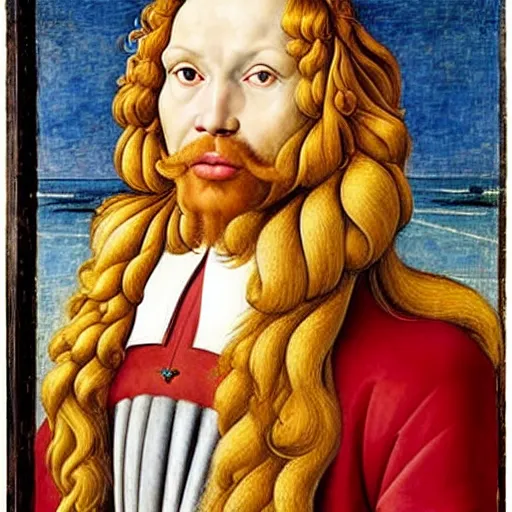 Image similar to beautiful renaissance painting portrait of ginger maine coon with white beard by sandro botticelli, jan van eyck, tiziano vecelli, piero della francesca