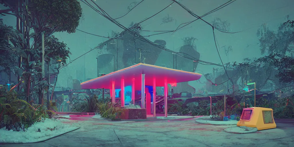 Image similar to 80s outdoor retro arcade, 80s color scheme, retro, pastel colors, desolate, lush vegetation, snow, moody:: by beeple and James Gilleard and Justin Gerard :: ornate, dynamic, particulate, intricate, elegant, highly detailed, centered, artstation, smooth, sharp focus, octane render, 3d