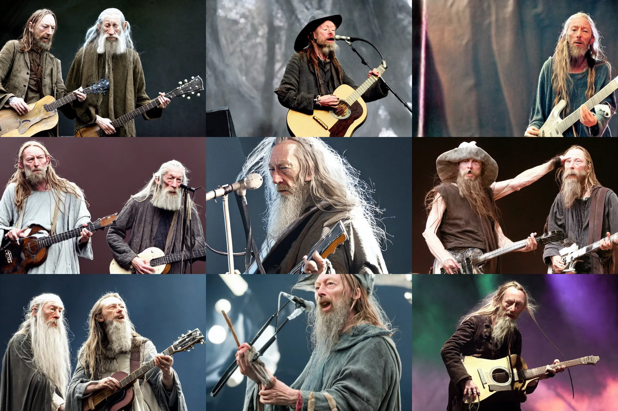 Prompt: thom yorke as gandalf from lord of the rings, on stage playing guitar at a festival