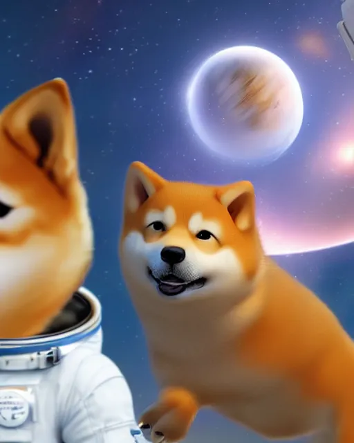 Prompt: a fantasy character with a cute shiba inu head, an astronaut body and a transparent glass helmet, shiba inu winking mischievously ， unreal 5, 8 k