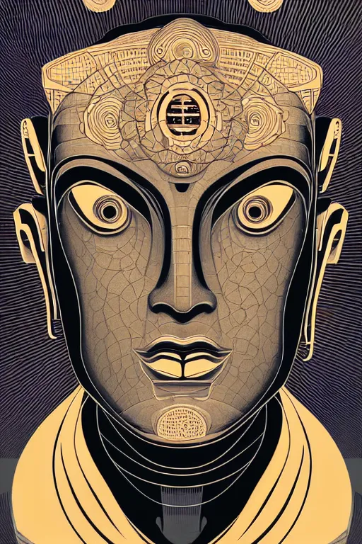 Image similar to a study of cell shaded illustration of a cyborg robot perpetual face buddha inside of a lotus flower , golden ratio, character concept art by character concept art by Shepard Fairey, james jean, Mike Mignola, Laurie Greasley, highly detailed, sharp focus, sharp linework, clean strokes, motherboard, Artstation, deviantart, artgem