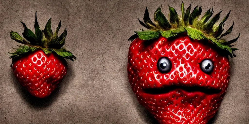 Prompt: photo of a strawberry with a terrifying and threatening face, horror surreal art