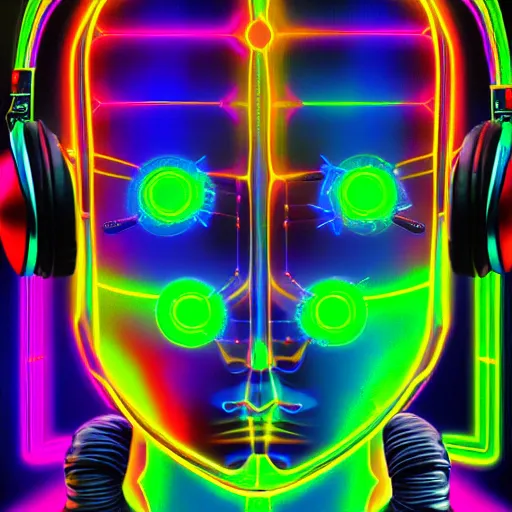 Image similar to hyperdetailed masterpiece portrait of a cyberpunk robot, covered in colorful glowing holy geometry and chakras, wearing headphones, symmetrical, 8 k, halluzinogenic