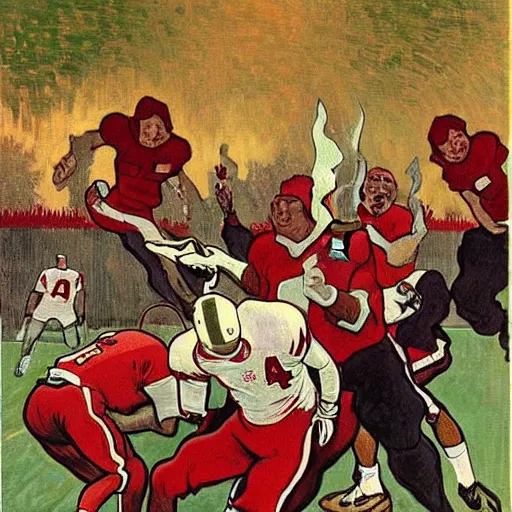 Image similar to painting of arkansas razorbacks playing football at the halloween! party, bubbling cauldron!, candles!, graveyard, gravestones, ghosts, smoke, autumn! colors, elegant, wearing suits!, clothes!, delicate facial features, art by alphonse mucha, vincent van gogh, egon schiele