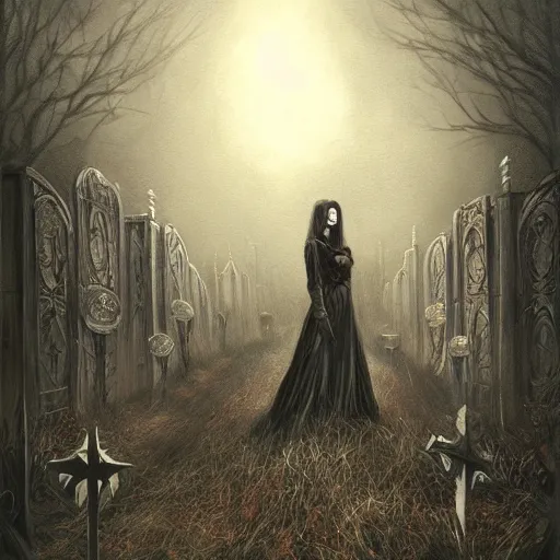 Prompt: a painting of a woman standing in a graveyard, an ultrafine detailed painting by seb mckinnon, featured on cgsociety, gothic art, darksynth, dark and mysterious, ominous vibe