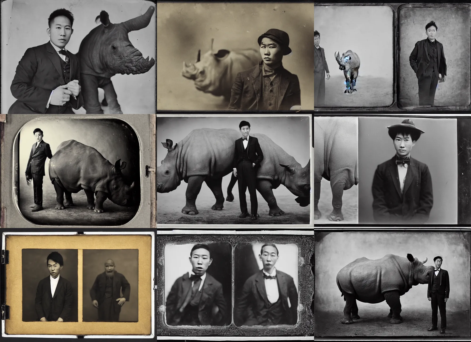 Prompt: wet plate photography, young asian man in black suit, giant rhinoceros in background