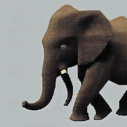 Image similar to a pixelated 1 bit elephant, infront of the elephant is a pixelated 1 bit golden sword.