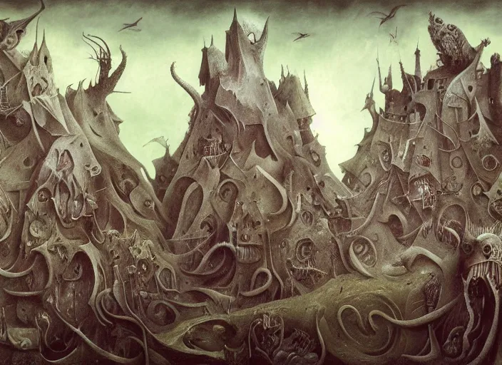 Image similar to matte painting in the style of hieronymus bosch, leonora carrington and zdzislaw beksinski : : intricate detailed study of a wild, psychedelic nightmare full of imaginary creatures : : ultra - detailed technical precision : : high definition 3 d render, unreal engine, 4 k, hi - res textures