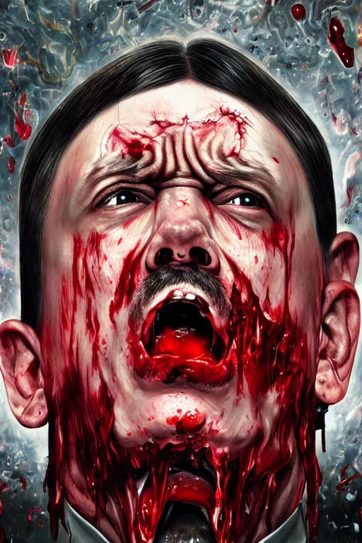 Prompt: uhd hyperrealistic photorealisitc hyperdetailed detailed adolf hitler head exploding, puking blood, screaming, with sparking circuits, studio lighting, by ayami kojima amano karol bak, greg hildebrandt and mark brooks