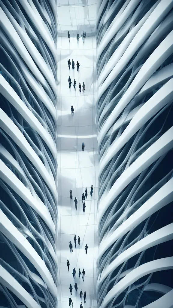 Image similar to the inside of a very tall building, big pods, big windows, octane render, warm colour scheme, white, cyberpunk architecture by zaha hadid, cinematic, scenery, unreal engine, render, cgsociety, modernism, futuristic, artstation, sci - fi, high detail, high quality, close up angle, people walking