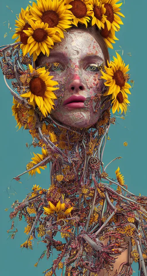 Prompt: cinema 4d colorful render, organic, ultra detailed, of a painted realistic face with growing sunflowers, scratched. biomechanical cyborg, analog, macro lens, beautiful natural soft rim light, smoke, veins, neon, winged insects and stems, roots, fine foliage lace, red and yellow details, art nouveau fashion embroidered, intricate details, mesh wire, computer components, anatomical, facial muscles, cable wires, elegant, hyper realistic, ultra detailed, 8k post-production