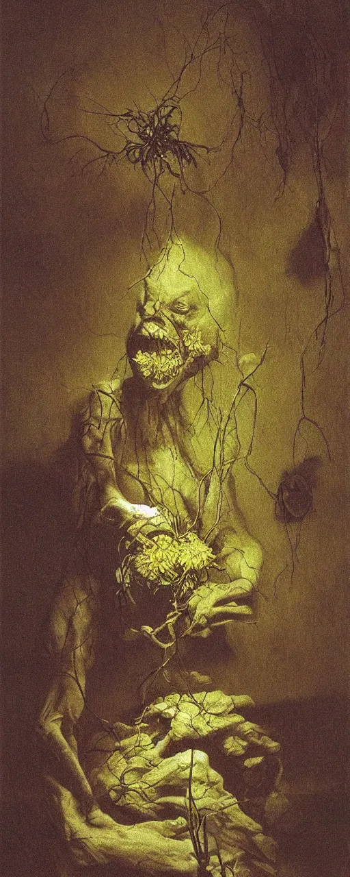 Prompt: a golemn tending to a beautiful dried flower in a dark room, zdzislaw beksinski, arthur rachham, 8 k, artstation, interior