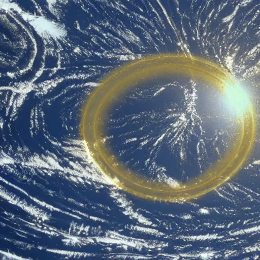 Image similar to golden rings circling the earth, highly detailed photograph, taken from space