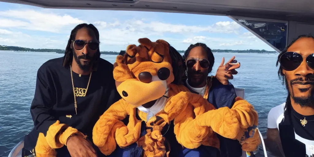 Prompt: garfield on a boat with snoop dogg