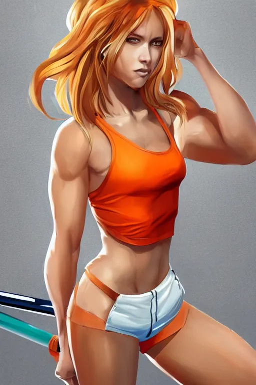 Prompt: a beautiful, very fit woman with long blonde hair wearing a short white crop top and short orange athletic shorts stands by a swimming pool, flexing with a baseball bat, face forward, in the style of artgerm, trending on artstation