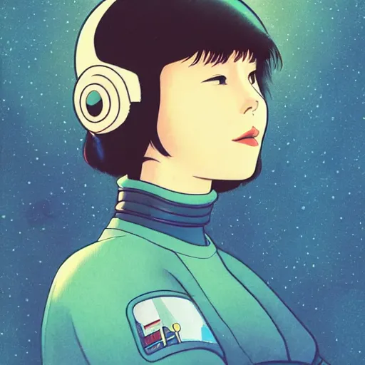 Image similar to a space ship pilot, cool woman, 1 9 8 0 s japanese science fiction, studio ghibli style, by katsuya kondo, illustration, character portrait, concept, detailed masterpiece