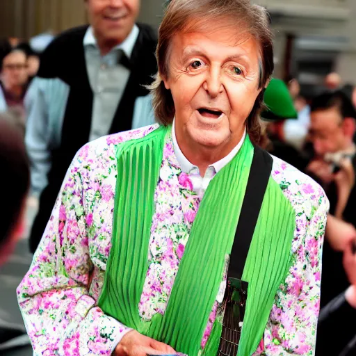 Prompt: paul mccartney dressed with a kimono with green hair