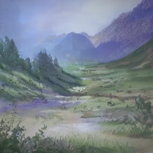 Prompt: old valley, nature environment, unfinished canvas, dry brush texture, strokes visible, wash