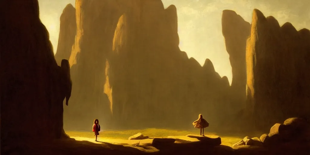 Image similar to a young girl stands next to a stone giant, shadow of the colossus, in front of a temple, in a large desert cave, dramatic lighting, hudson river school
