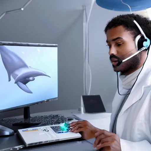 Prompt: An anthropomorphic grey dolphin in a white lab-coat playing games on a computer, digital painting, close-up, wearing a headset