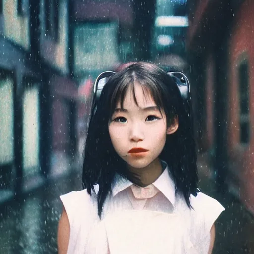 Image similar to 1990s perfect 8K HD professional cinematic photo of close-up japanese schoolgirl posing in sci-fi dystopian alleyway at morning during rain, at instagram, Behance, Adobe Lightroom, with instagram filters, depth of field, taken with polaroid kodak portra