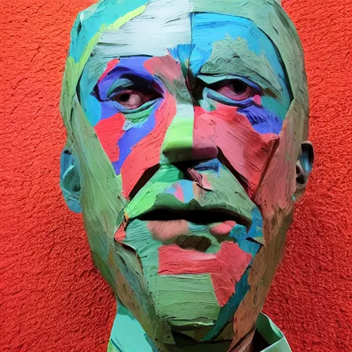 Image similar to a photograph of a man made entirely of colorful papier mache