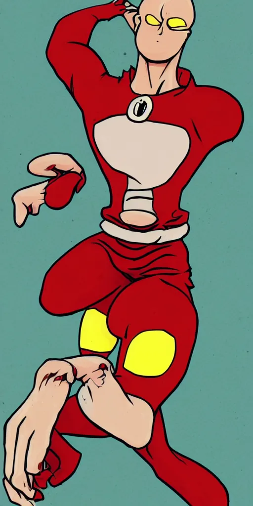 Prompt: portrait of saitama in the cuphead game art style, angry, face wrinkles, red background