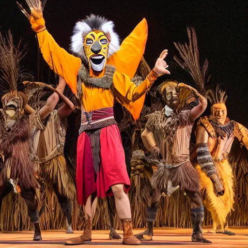 Image similar to bad mascot costumes in the lion king stage show at disneyland, covered outdoor stage, theatrical lighting, iphone video