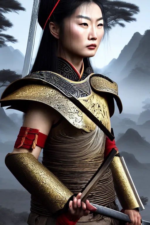 Prompt: hyperrealistic face detailed chinese sword warrior, ultrafine illustration by chen uen / ma wing shing / ikegami ryoichi, highly detailed, digital painting, glowing magic around her, divine proportion, cinematic light, ancient chinese bamboo forest, heroine action pose, 4 k octane render